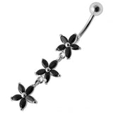 Sterling Silver Jeweled Triple Flower Dangling SS Banana Bar Navel Ring