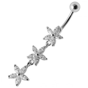 Sterling Silver Jeweled Triple Flower Dangling SS Banana Bar Navel Ring