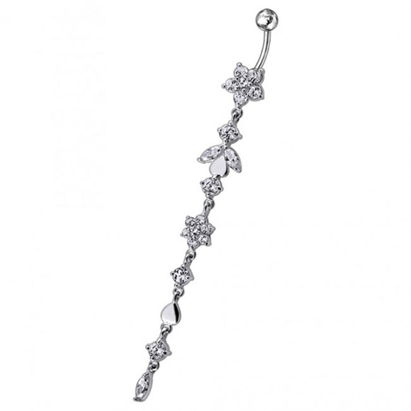 Sterling Silver Jeweled Dangling SS Banana Bar Navel Ring