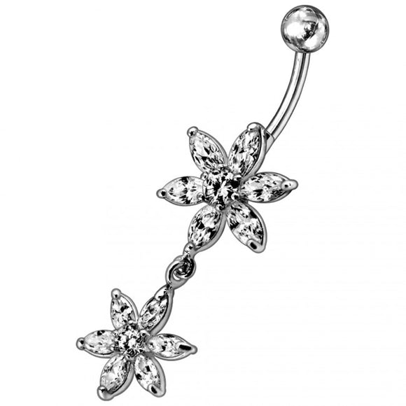 Sterling Silver Jeweled Double Flower Dangling SS Banana Bar Navel Ring